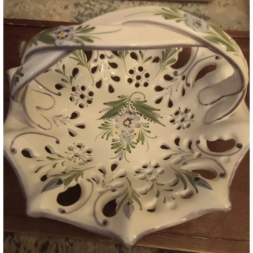 Hand‎ Painted Purple Pansies Ceramic Reticulated Basket Braided Handle Portugal
